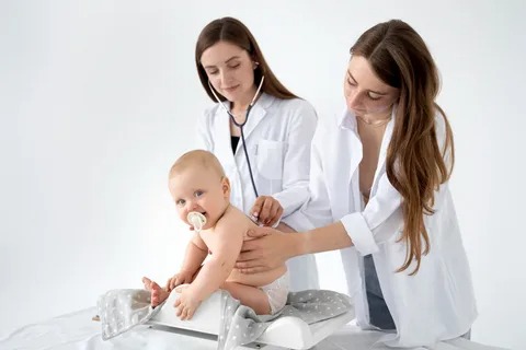 Mother comforting child at pediatric urgent care clinic in Lake Jackson, Texas