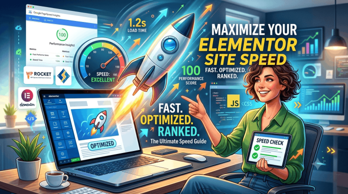 Gemini_Generated_Image_twxc1ktwxc1ktwxc (1) Laptop displaying an SEO analysis dashboard showing speed optimization metrics with the text Elementor Speed Optimization Improve WordPress Site Speed.