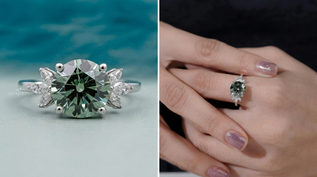 Round green lab grown diamond engagement ring featuring marquise side stones in a white metal setting displayed on hand and close-up view.