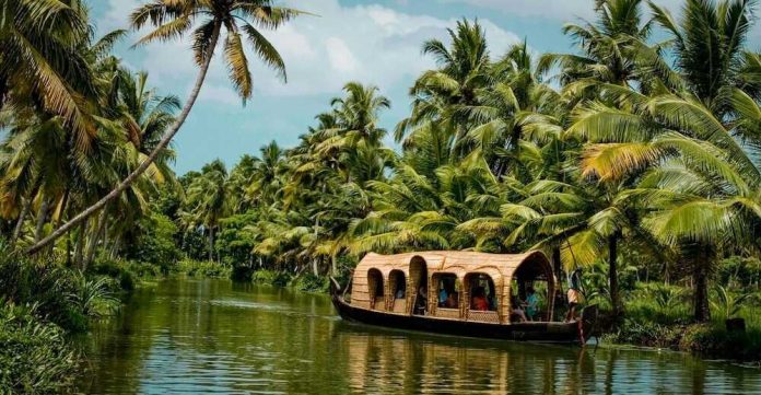 Kerala Backwaters Houseboat Cruise A traditional woven houseboat navigating through a narrow, calm waterway lined with dense green palm trees in Kerala, India.