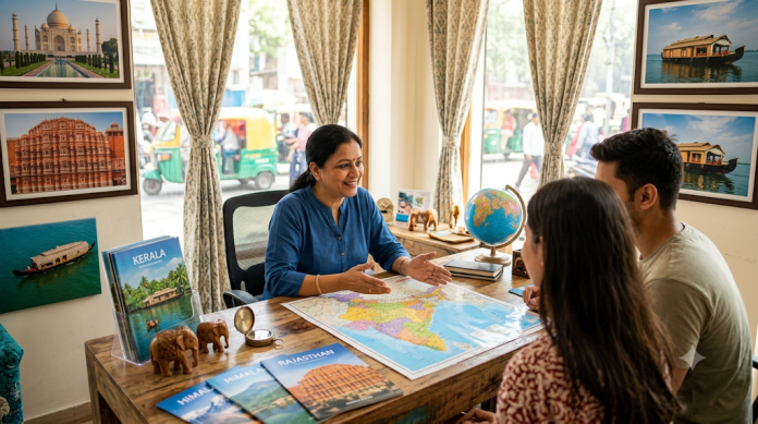 Indian-Travel-Agency-Consultation-Map A smiling travel agent sits at a desk across from a couple, discussing a large map of India. The office walls are decorated with framed photos of Indian landmarks, and travel brochures sit on the desk.