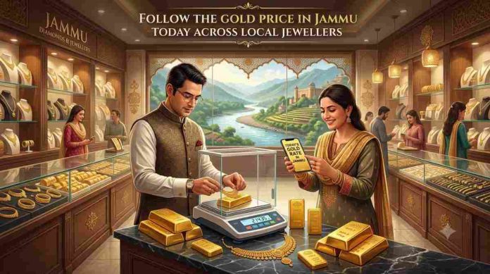 Gold jewellery displayed in a jewellery store, representing gold prices and buying options in Jammu