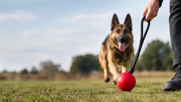 Dog ball on a string used for interactive training and play outdoors.